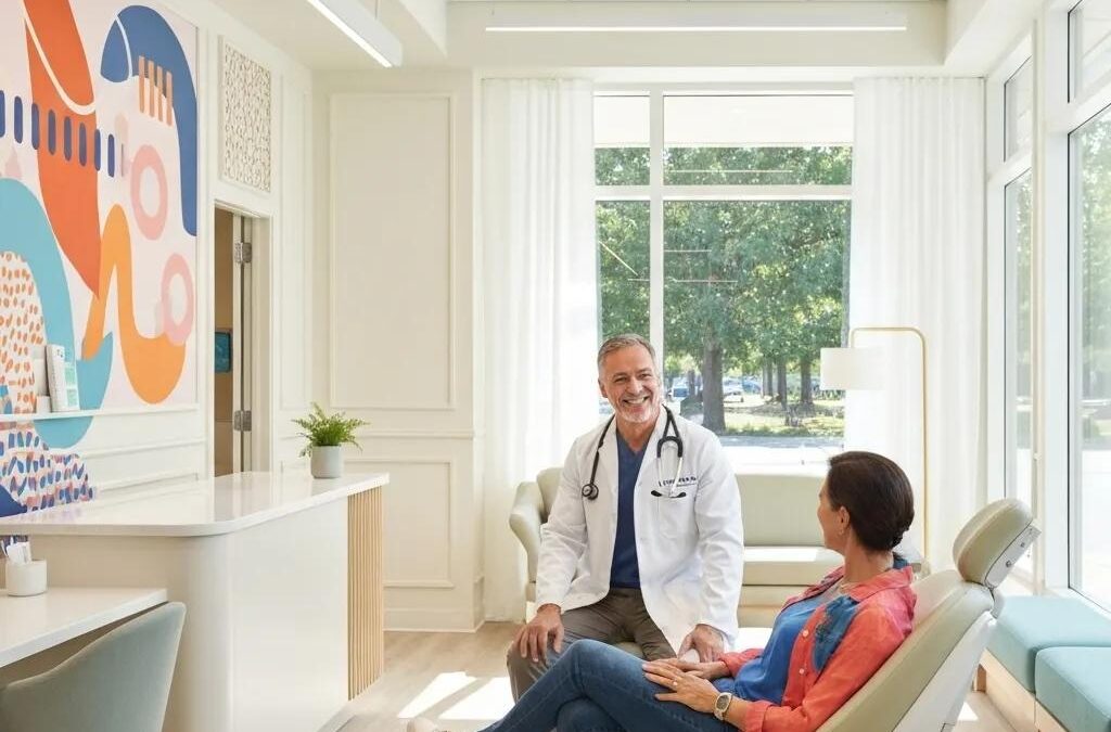 Modern dental practice reception with dentist and patient interaction