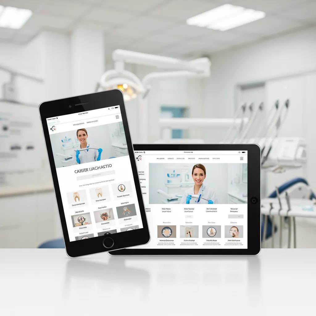 Modern dental website design displayed on mobile devices in a welcoming dental office